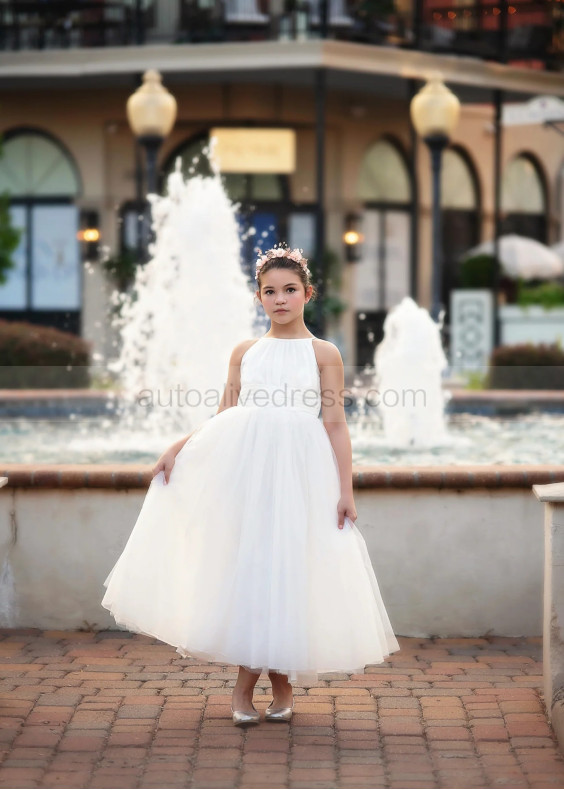 Jewel Neck White Pleated Tulle Tie Back Flower Girl Dress